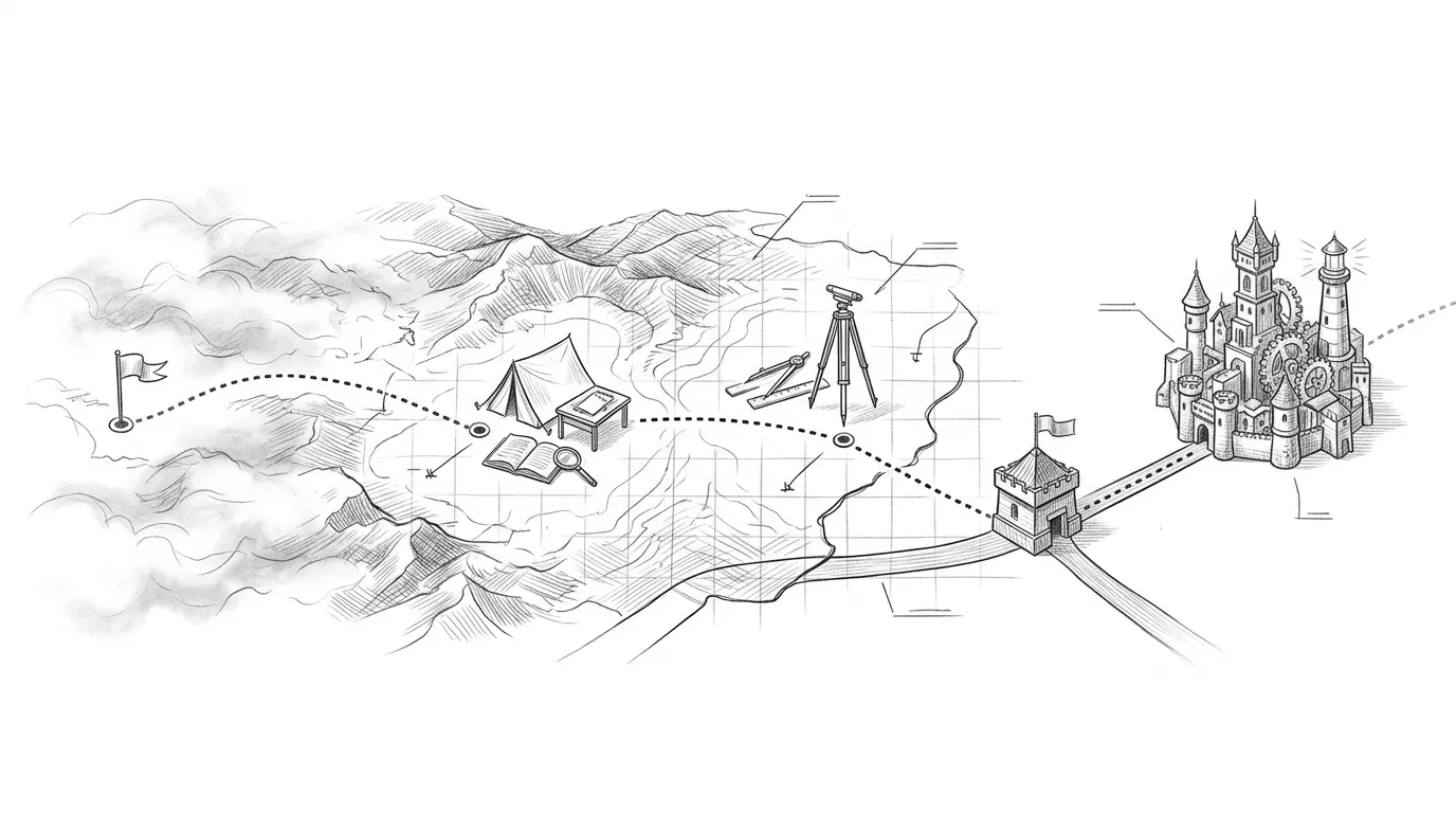 Pencil illustration drawn as an expedition map: a dotted route runs from a foggy, unfinished landscape on the left, through a field camp, a survey station, and a small outpost, arriving at a detailed, working city of towers and gears on the right.