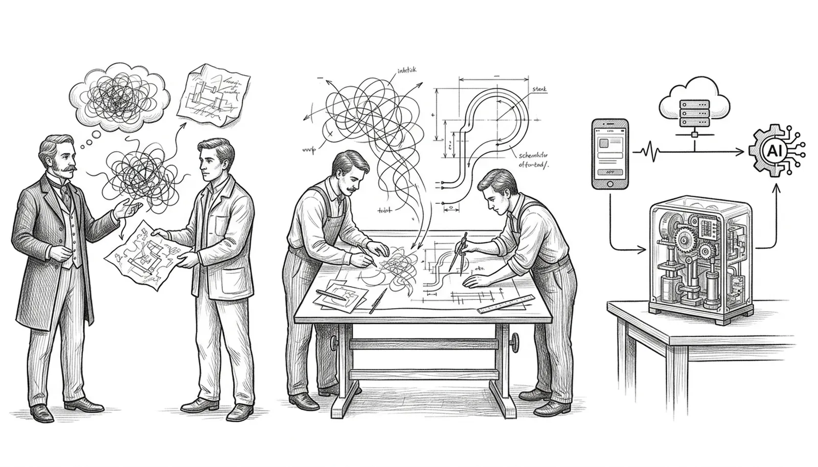 Pencil illustration in three acts: a client hands an engineer a tangled sketch and thought-cloud on the left; in the center, Task Force 38 engineers turn it into a technical diagram at a drafting table; on the right, a finished product stands assembled and working — a physical device wired to a mobile phone, a cloud icon, and an AI component.