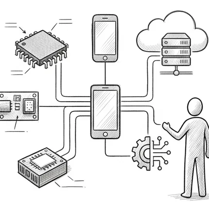 Pencil illustration of one unified machine joining a microcontroller chip, a sensor module, a mobile phone, a cloud icon, an AI gear-and-circuit motif, and a person using it — all wired together as a single coherent device.