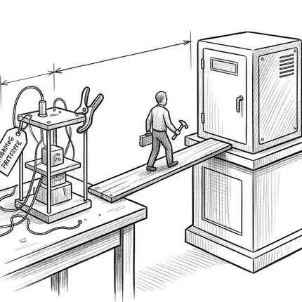 Pencil illustration of a small, fragile laboratory prototype on a workbench on the left, connected by a plank bridge to a sturdy, fully enclosed production unit on the right, with an engineer walking across carrying a tool.
