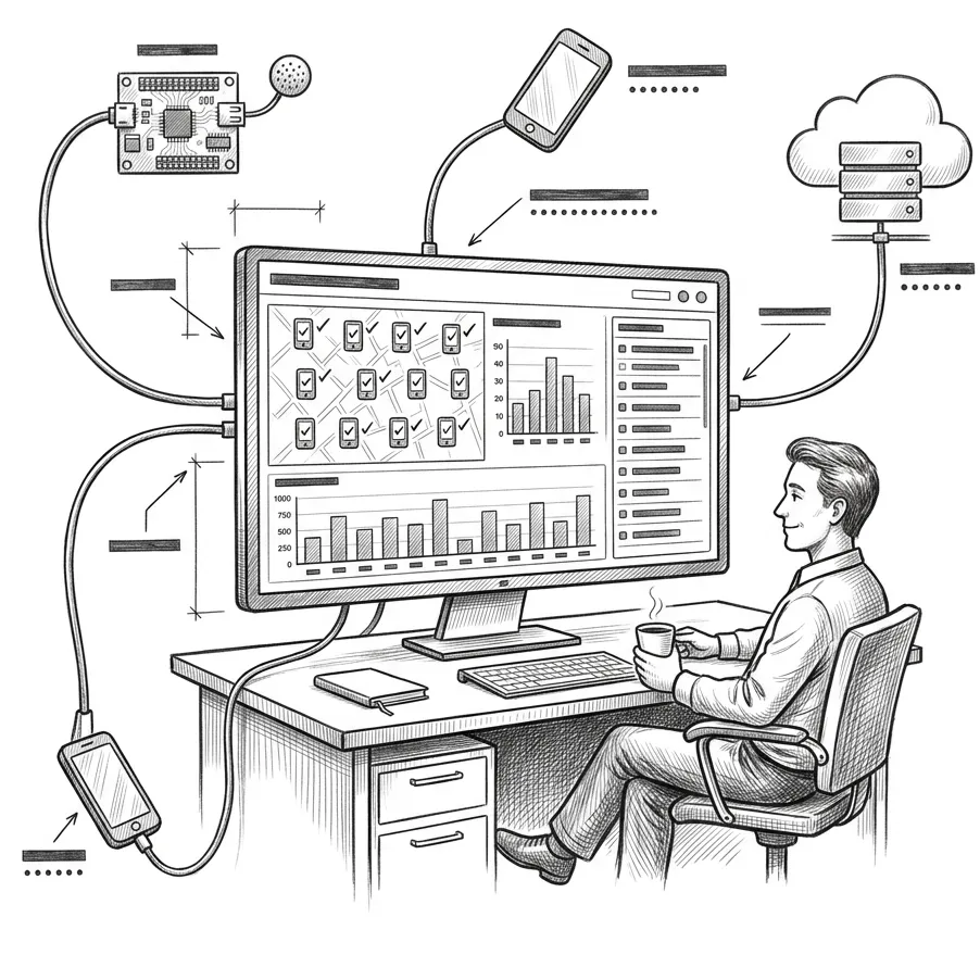 Pencil illustration of a person at a desk with a web control console showing device status and charts, connected by cables to an embedded circuit board, a phone, and a cloud server.
