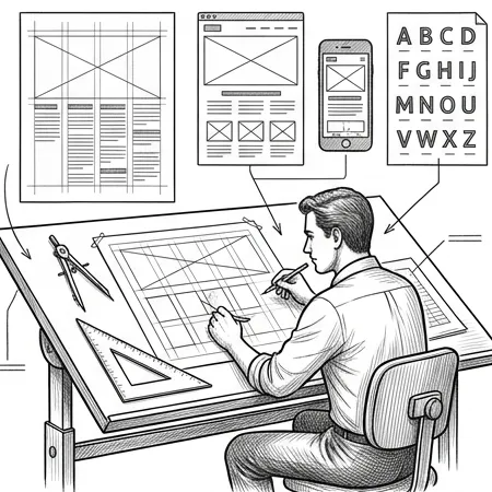 Pencil illustration of a designer at a drafting table covered with page grids, website wireframes at desktop and phone sizes, a type specimen, a compass, and a set square.