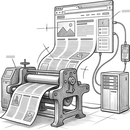 Pencil illustration of a sturdy printing press feeding a printed broadsheet page upward, where it turns into a live browser window connected by cables to a server cabinet and a mobile phone.